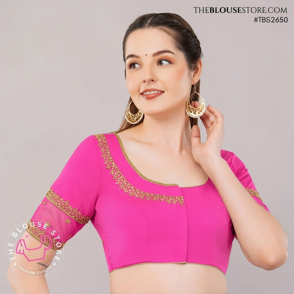 Black Raw Silk Handwork Embroidered Blouse | Designer Saree Blouse with Sheer Sleeves | TBS2650