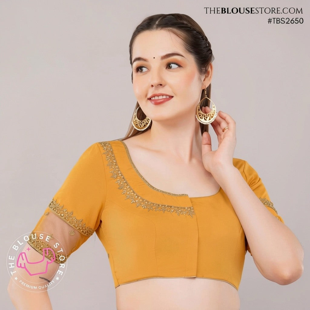 Black Raw Silk Handwork Embroidered Blouse | Designer Saree Blouse with Sheer Sleeves | TBS2650
