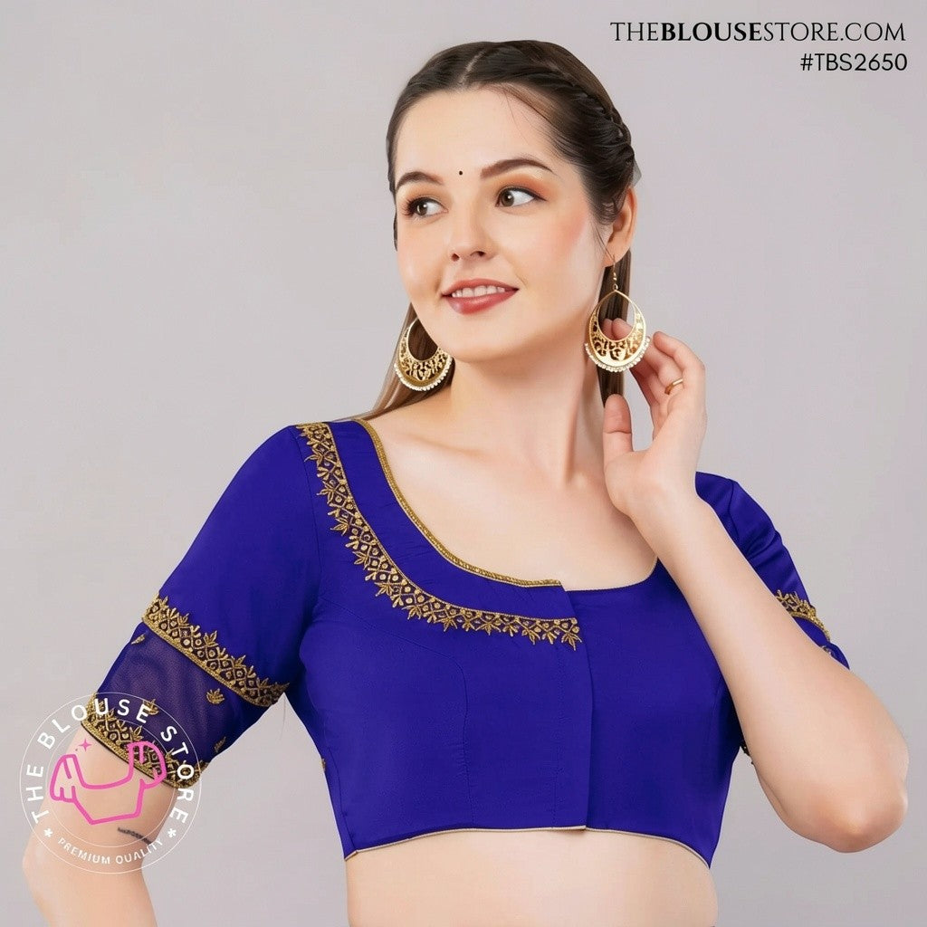 Black Raw Silk Handwork Embroidered Blouse | Designer Saree Blouse with Sheer Sleeves | TBS2650