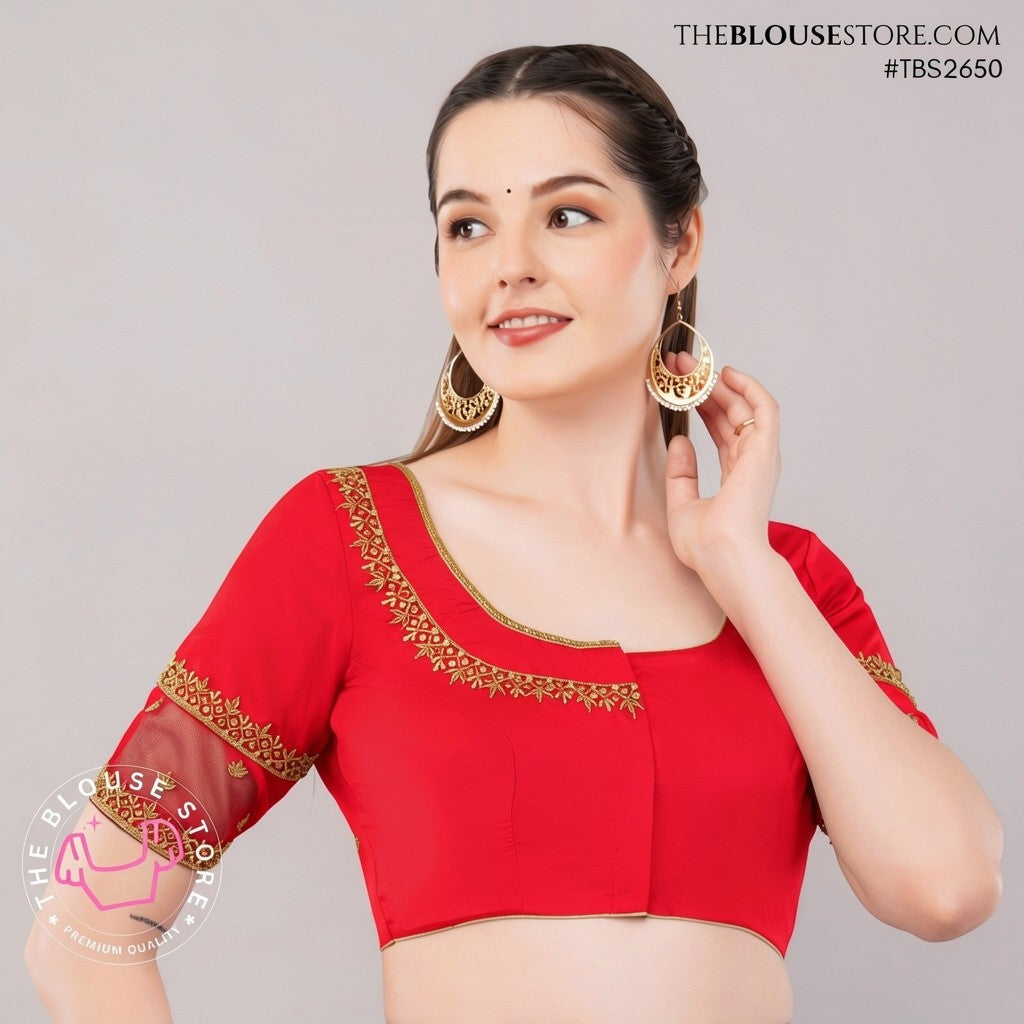 Black Raw Silk Handwork Embroidered Blouse | Designer Saree Blouse with Sheer Sleeves | TBS2650