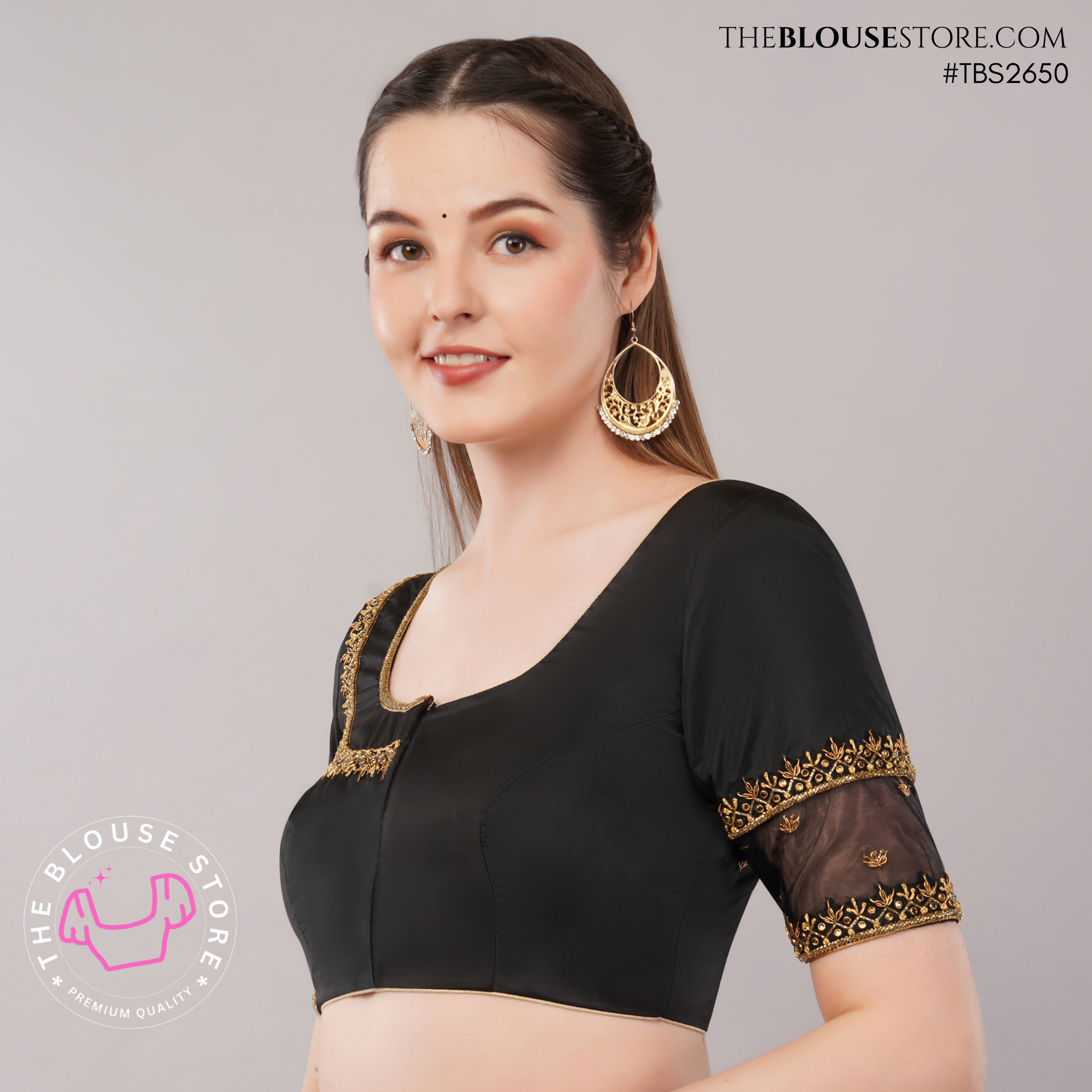 Black Raw Silk Handwork Embroidered Blouse | Designer Saree Blouse with Sheer Sleeves | TBS2650