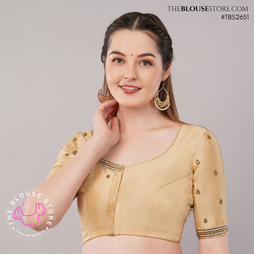 Champagne Raw Silk Handwork Blouse | Designer Embroidered Saree Blouse | TBS2651