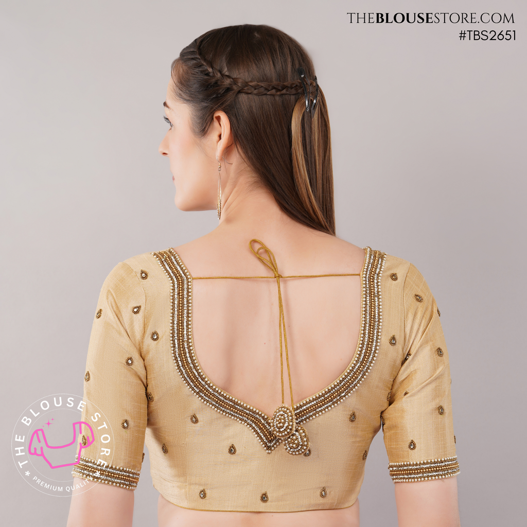 Champagne Raw Silk Handwork Blouse | Designer Embroidered Saree Blouse | TBS2651