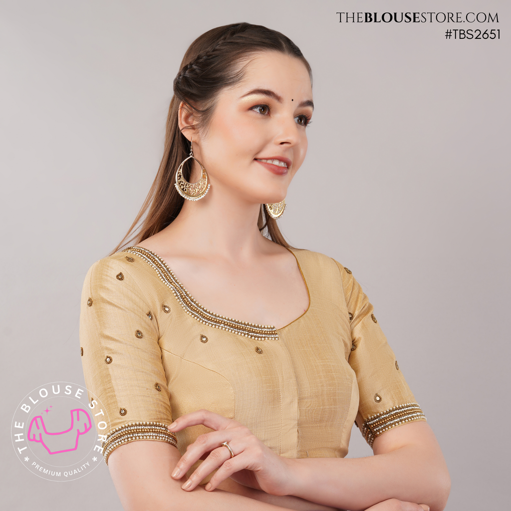 Champagne Raw Silk Handwork Blouse | Designer Embroidered Saree Blouse | TBS2651