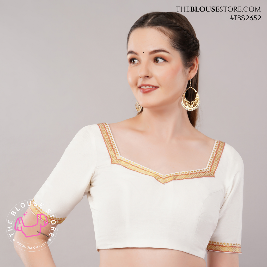 Ivory Raw Silk Golden Lace Blouse | Designer Saree Blouse | TBS2652