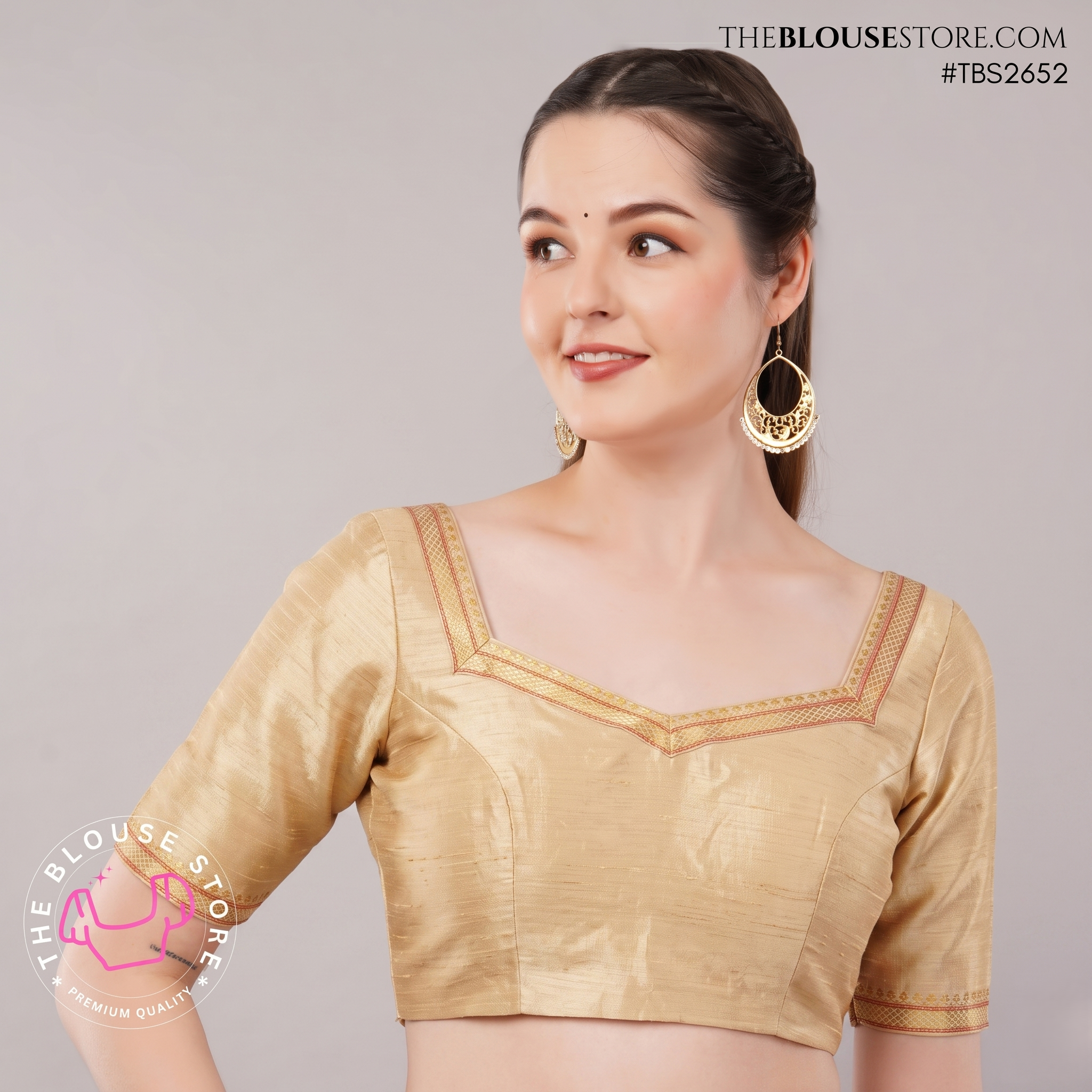 Ivory Raw Silk Golden Lace Blouse | Designer Saree Blouse | TBS2652