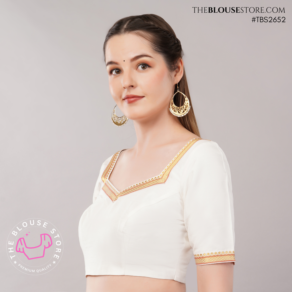 Ivory Raw Silk Golden Lace Blouse | Designer Saree Blouse | TBS2652