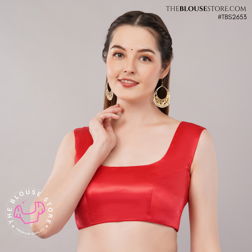 Scarlet Sculpted Satin Blouse | Modern Sleeveless Saree Blouse with Statement Back – TBS2653