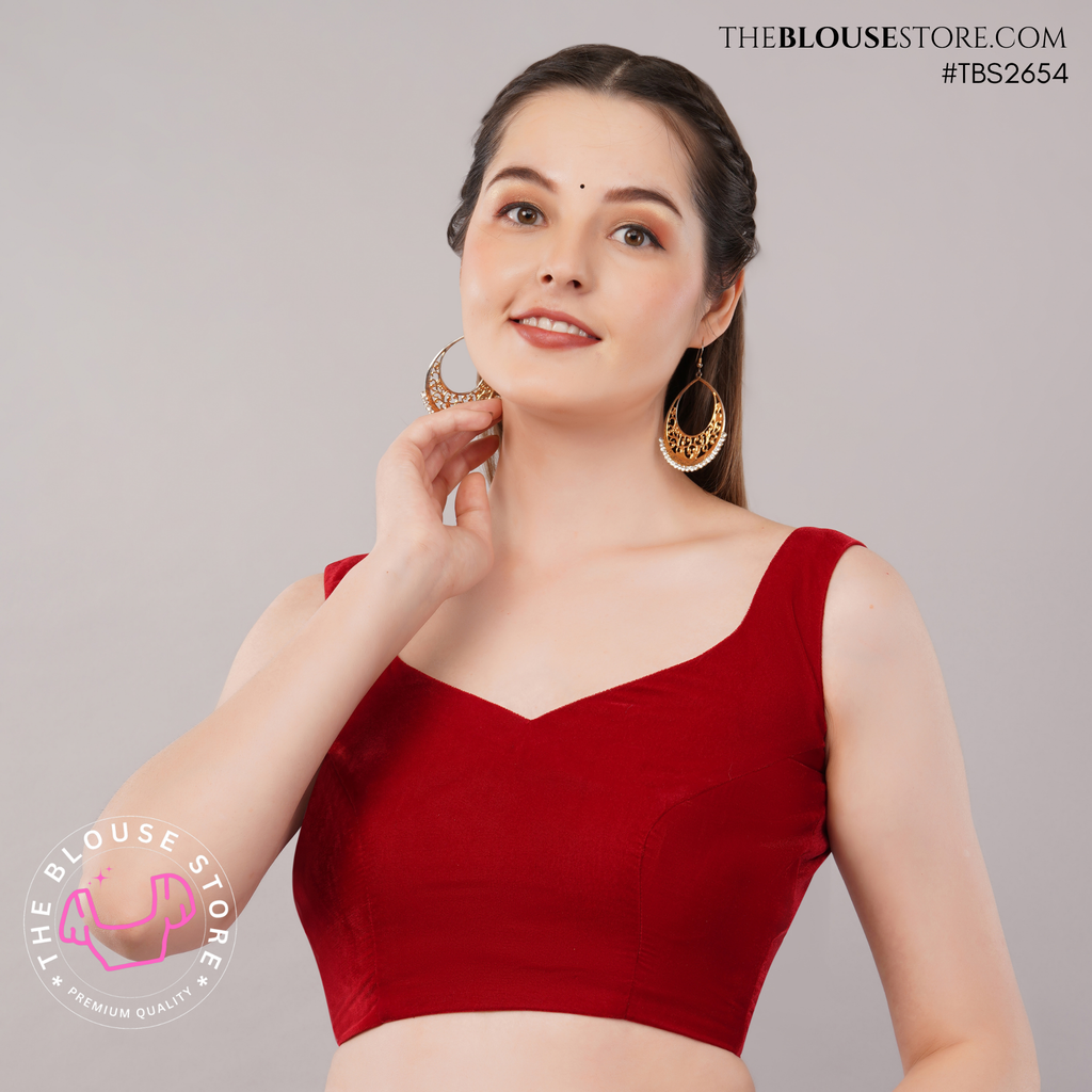 Ruby Red Satin Saree Blouse | Designer Deep-Back Blouse | TBS2654