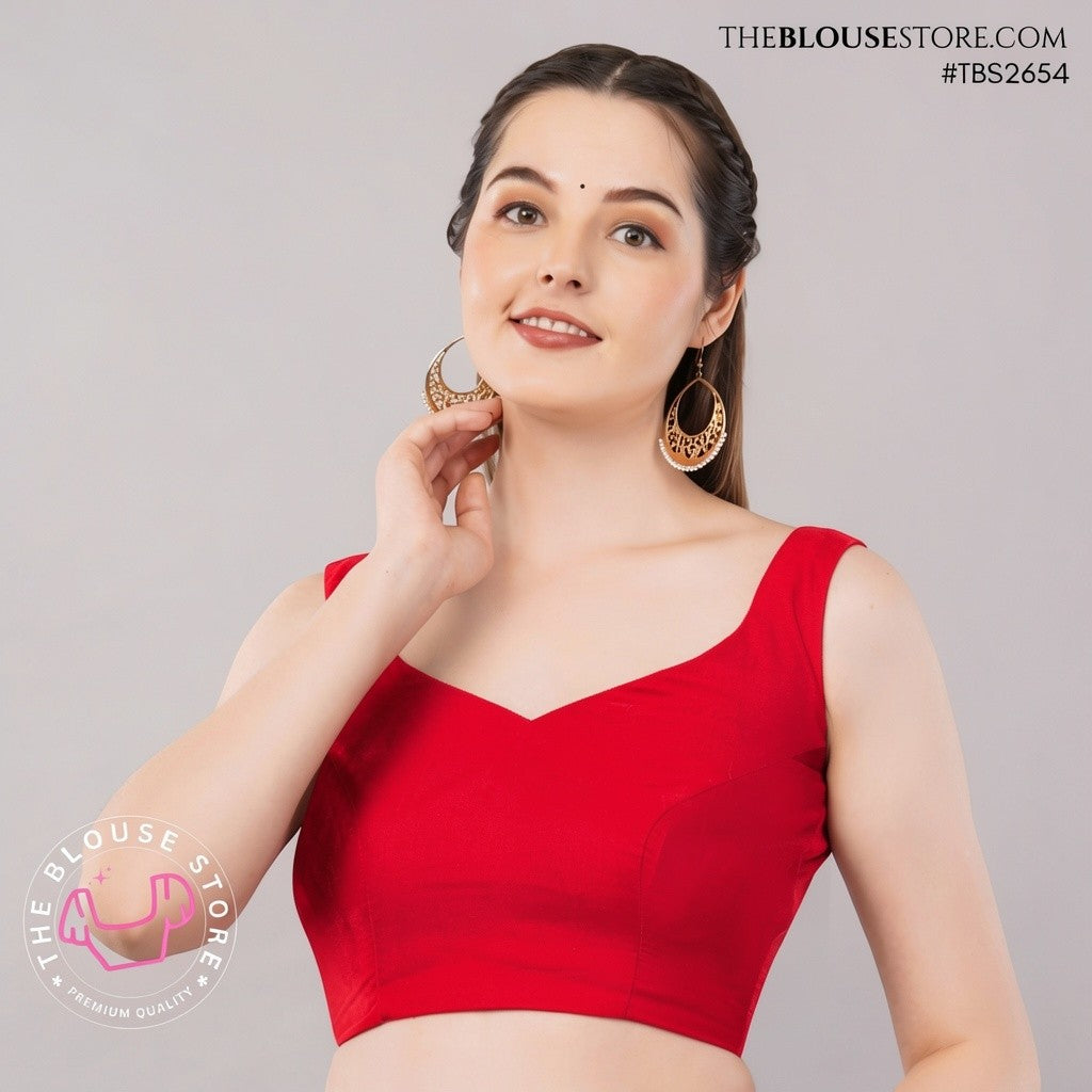 Ruby Red Satin Saree Blouse | Designer Deep-Back Blouse | TBS2654