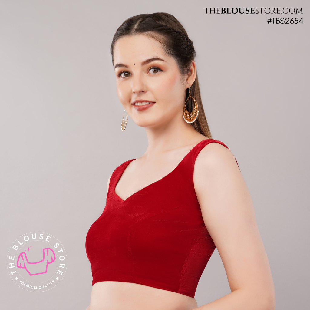 Ruby Red Satin Saree Blouse | Designer Deep-Back Blouse | TBS2654