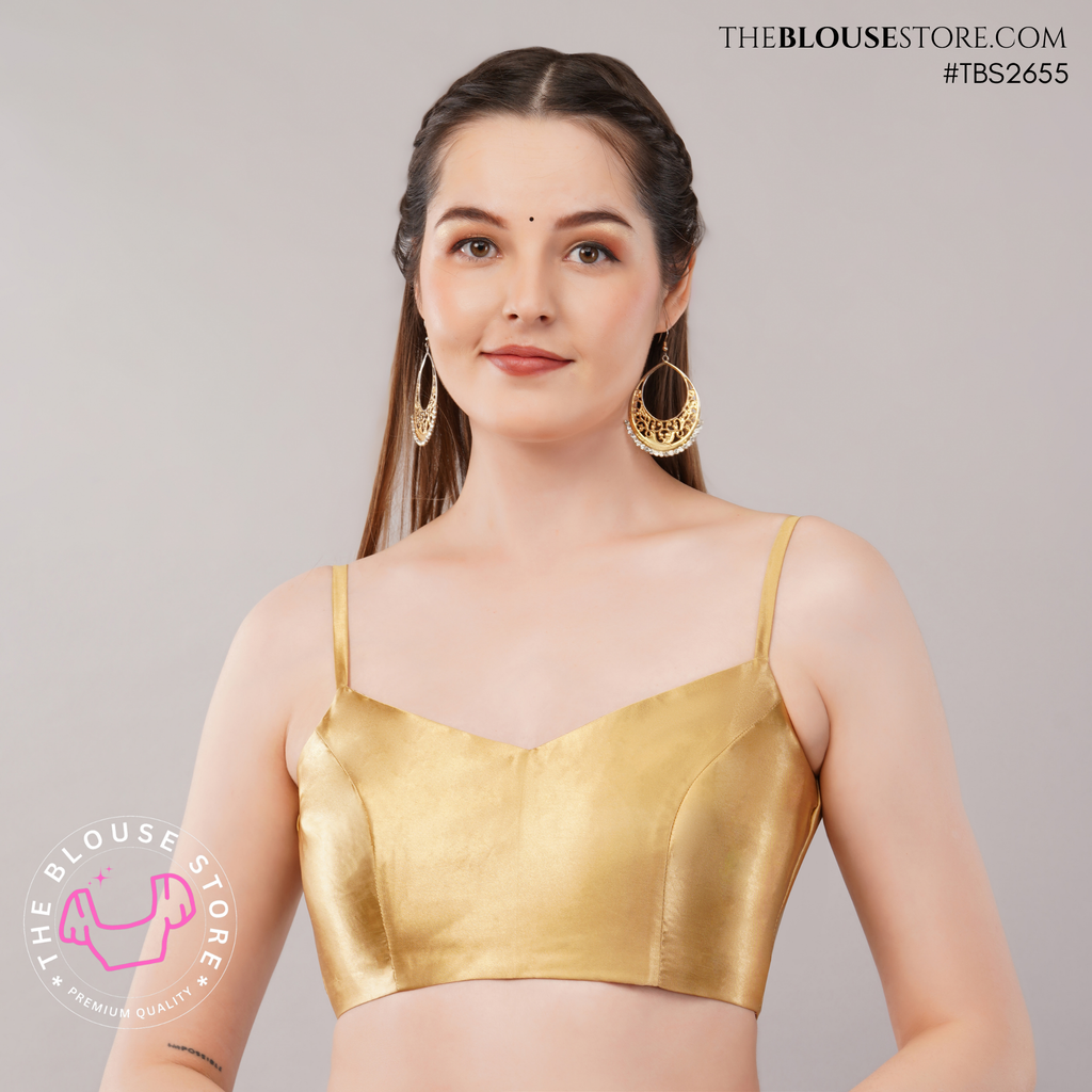 Golden Satin Saree Blouse | Minimalist Designer Blouse with Spaghetti Straps | TBS2655