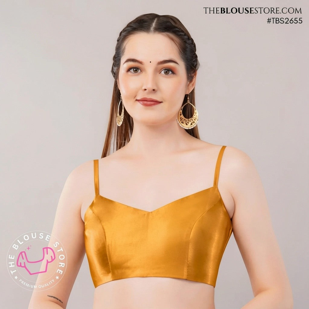 Golden Satin Saree Blouse | Minimalist Designer Blouse with Spaghetti Straps | TBS2655