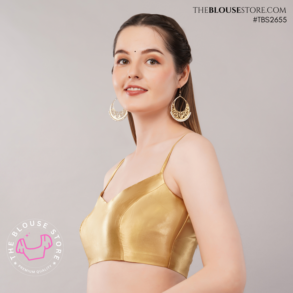 Golden Satin Saree Blouse | Minimalist Designer Blouse with Spaghetti Straps | TBS2655
