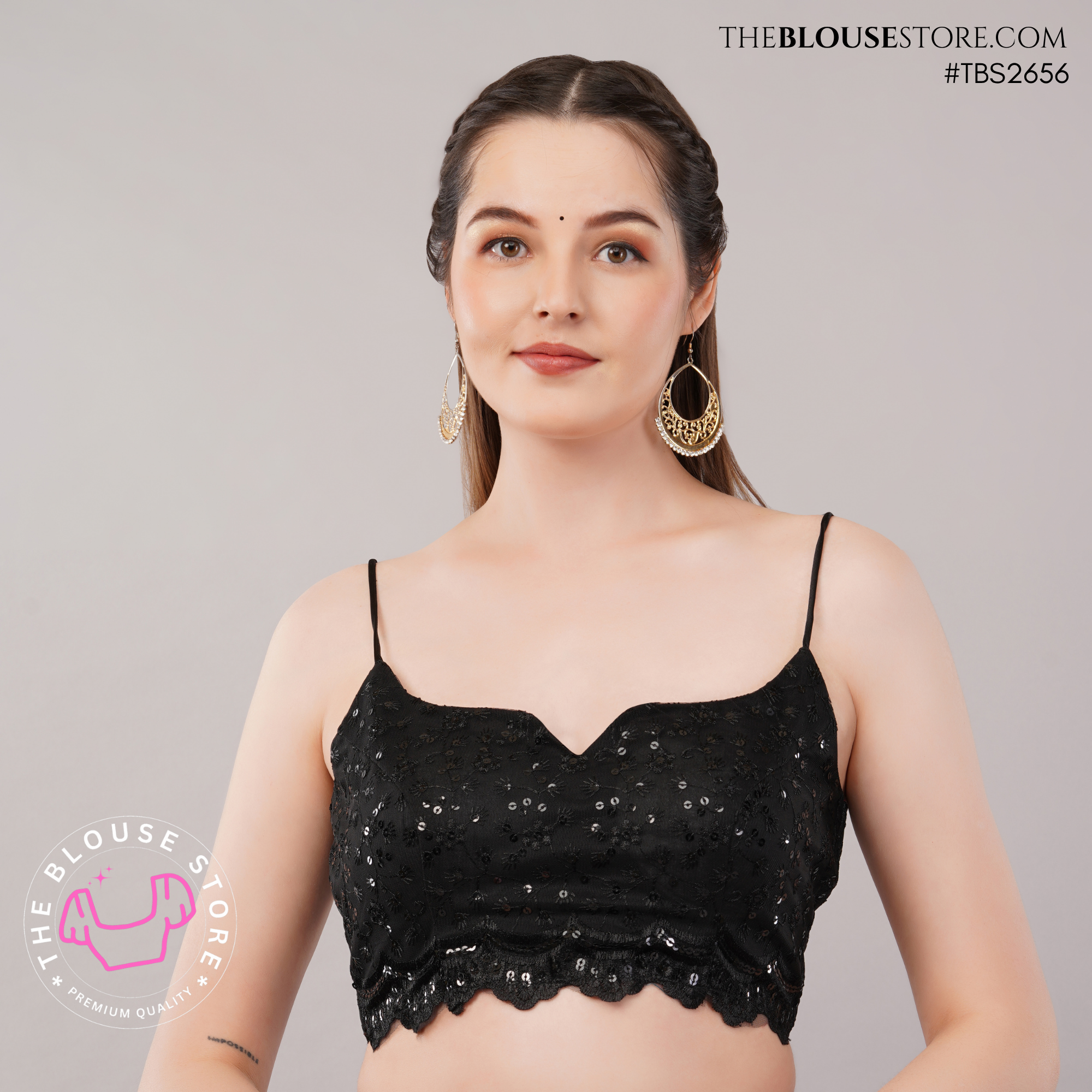 Black Sequin Net Padded Blouse with Scalloped Hem | Designer Saree Blouse | TBS2656
