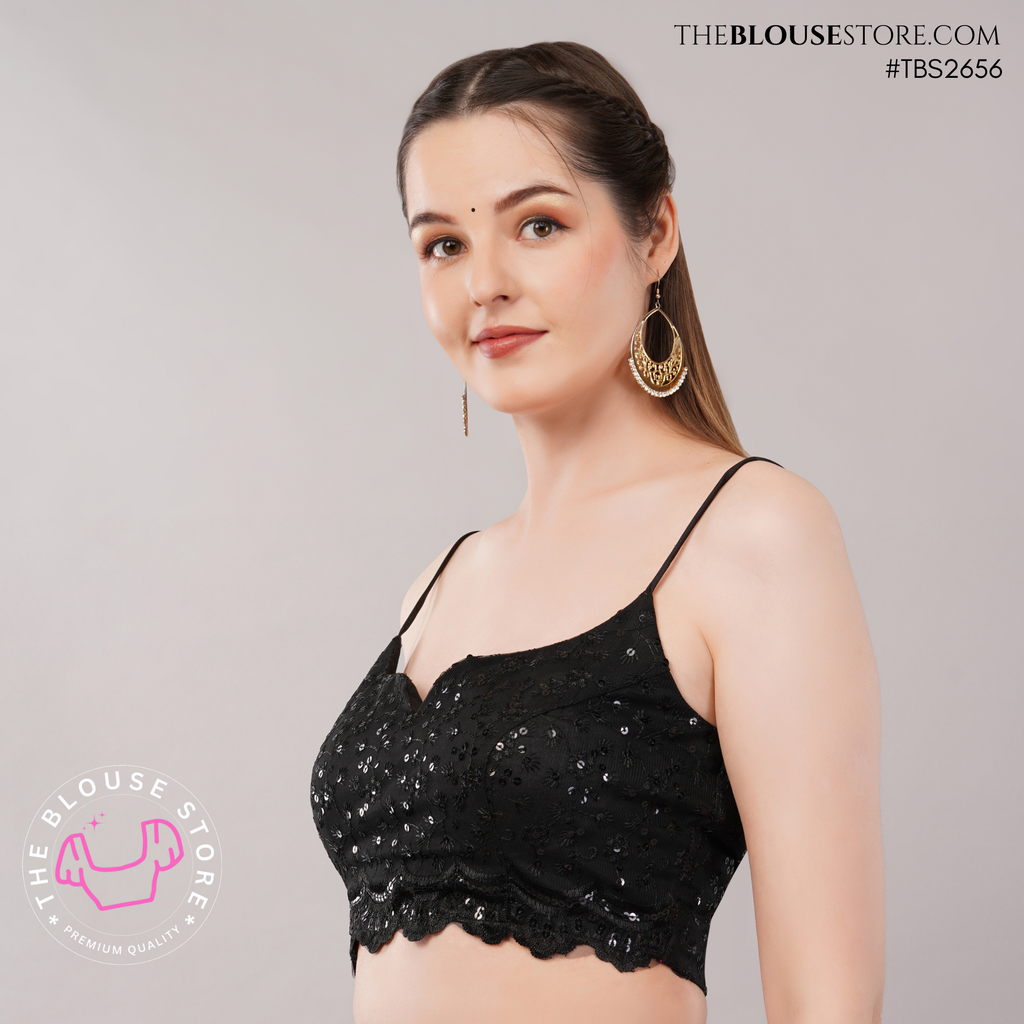Black Sequin Net Padded Blouse with Scalloped Hem | Designer Saree Blouse | TBS2656