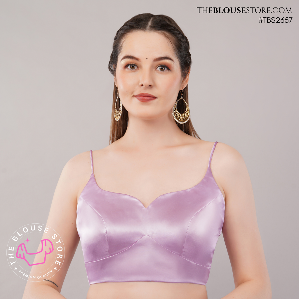 Lilac Satin Saree Blouse | Sweetheart Neck Designer Blouse with Spaghetti Straps | TBS2657