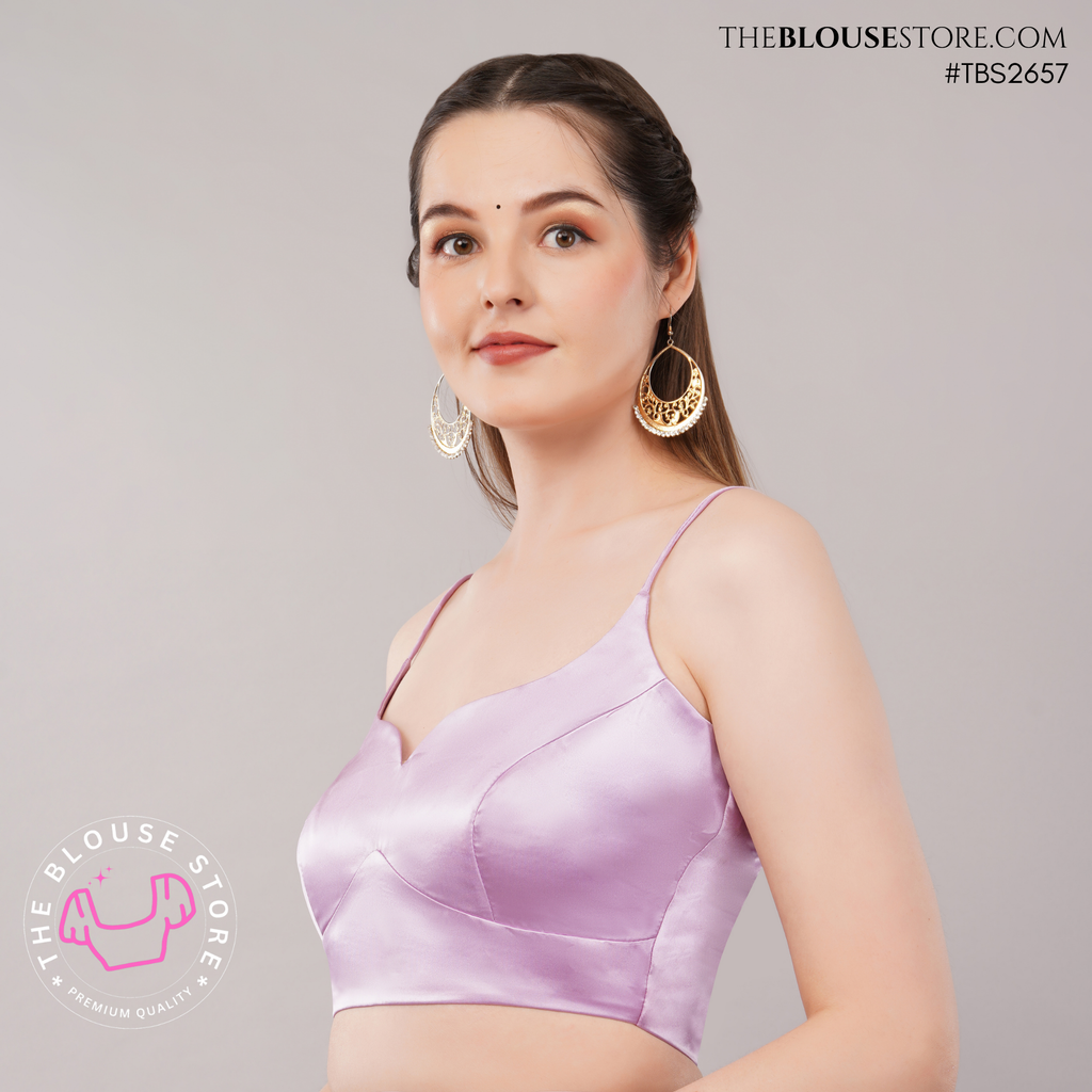 Lilac Satin Saree Blouse | Sweetheart Neck Designer Blouse with Spaghetti Straps | TBS2657