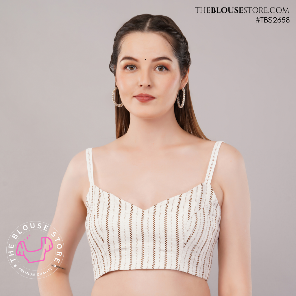 Ivory Cotton Padded Spaghetti Strap Blouse with V-Neck | Exclusive Designer Saree Blouse | TBS2658