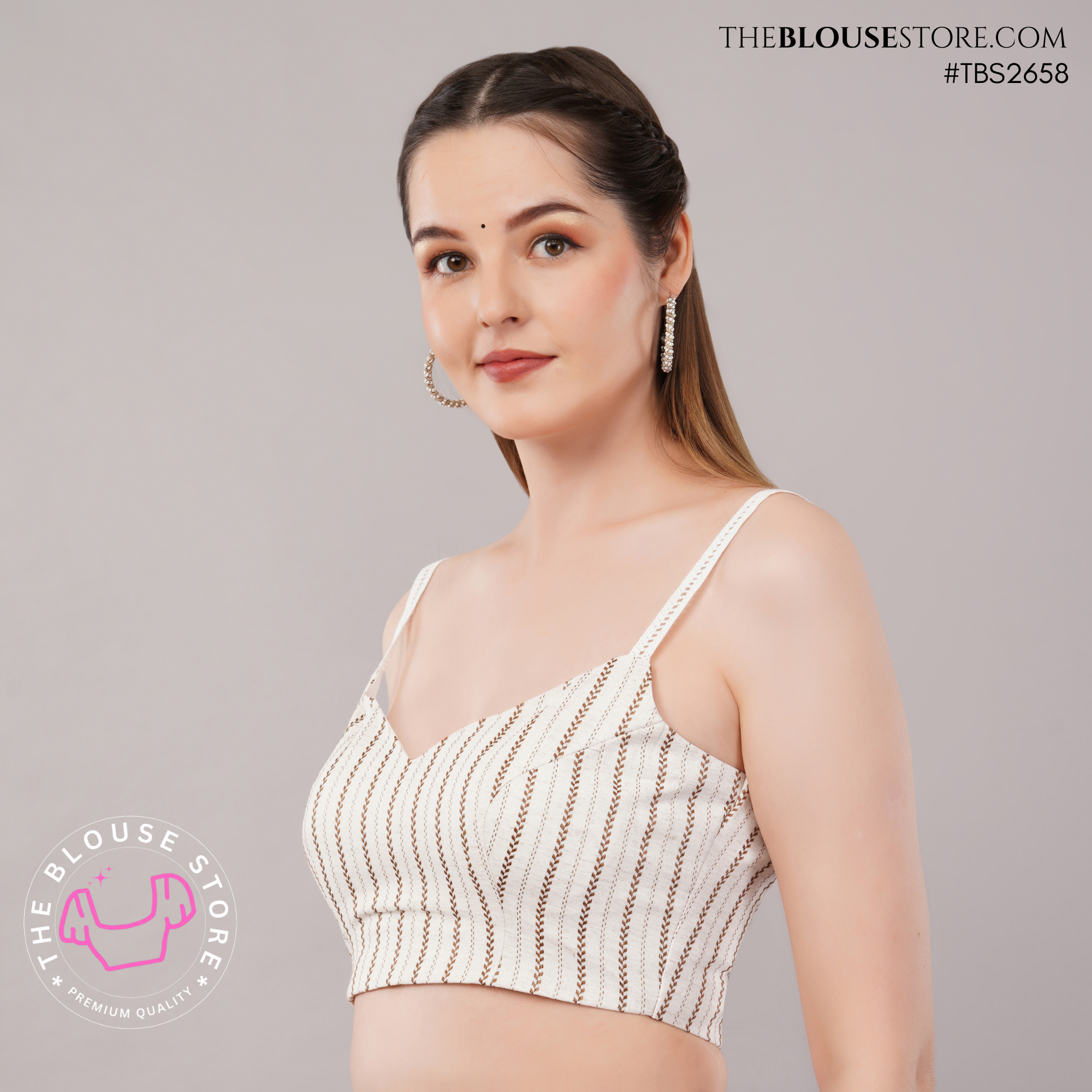 Ivory Cotton Padded Spaghetti Strap Blouse with V-Neck | Exclusive Designer Saree Blouse | TBS2658