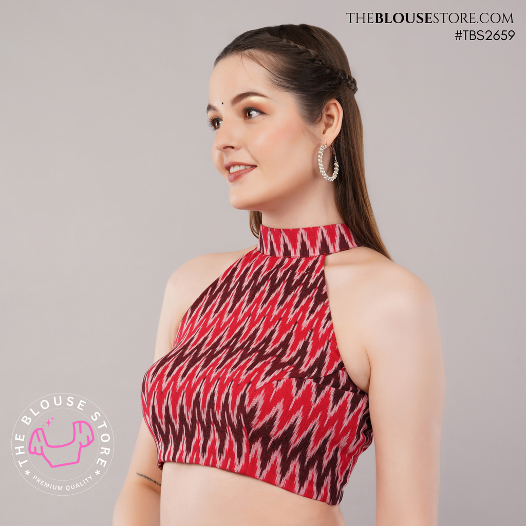 Red Ikat Cotton Padded Halter Neck Blouse with Open Back | Exclusive Designer Saree Blouse | TBS2659