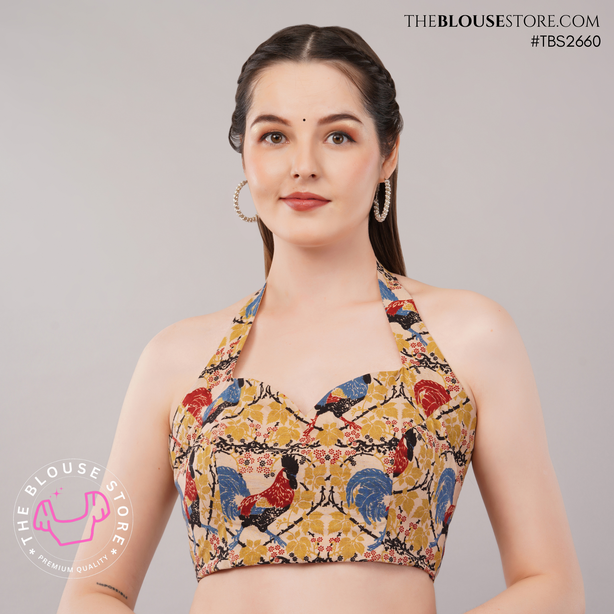 Printed Cotton Padded Halter Neck Blouse with Open Back | Exclusive Designer Saree Blouse | TBS2660