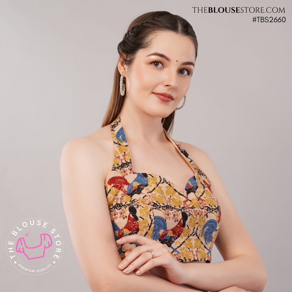 Printed Cotton Padded Halter Neck Blouse with Open Back | Exclusive Designer Saree Blouse | TBS2660