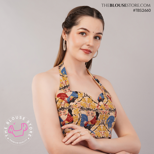 Printed Cotton Padded Halter Neck Blouse with Open Back | Exclusive Designer Saree Blouse | TBS2660