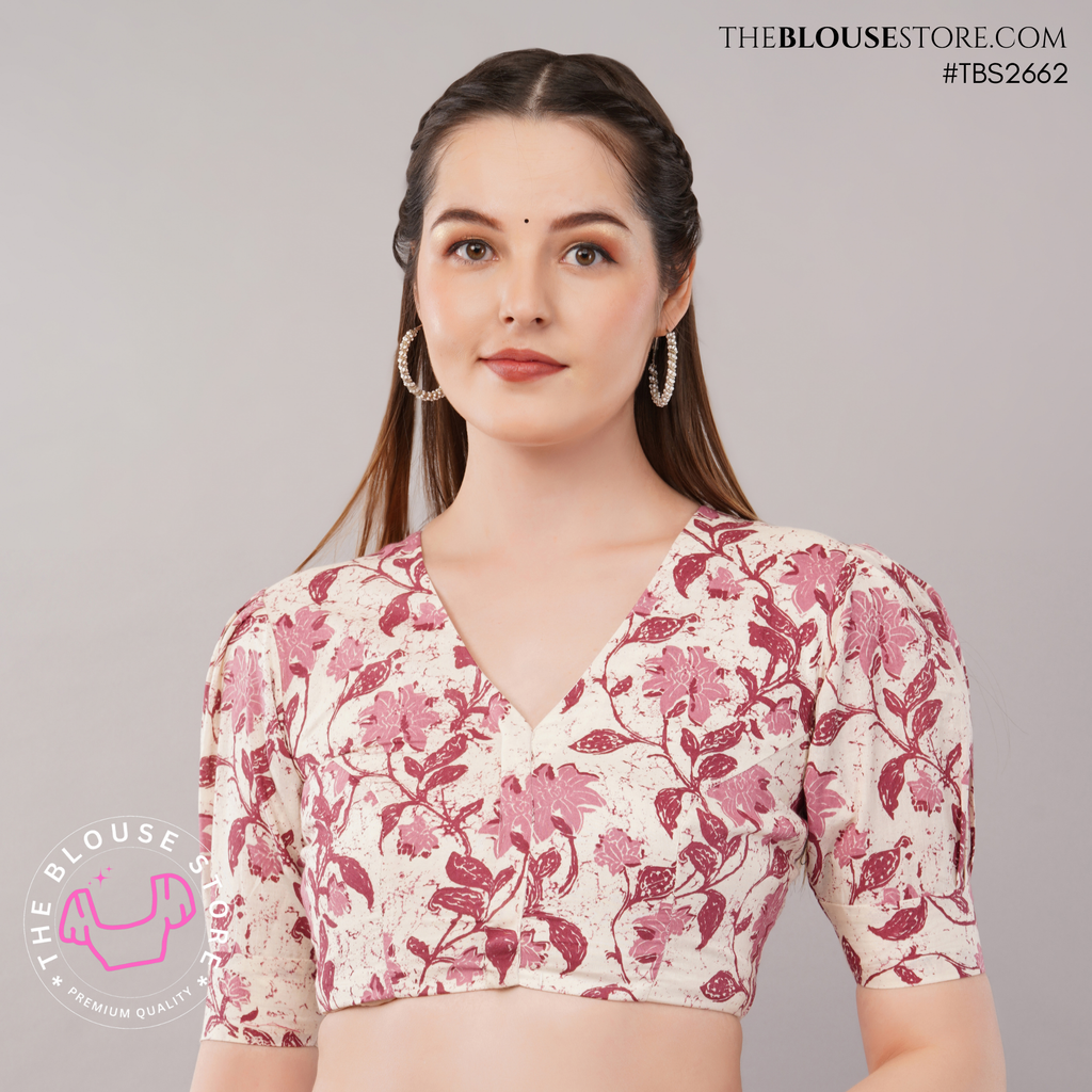 Printed Cotton V-Neck Blouse with Puff Sleeves | Exclusive Designer Saree Blouse| TBS2662