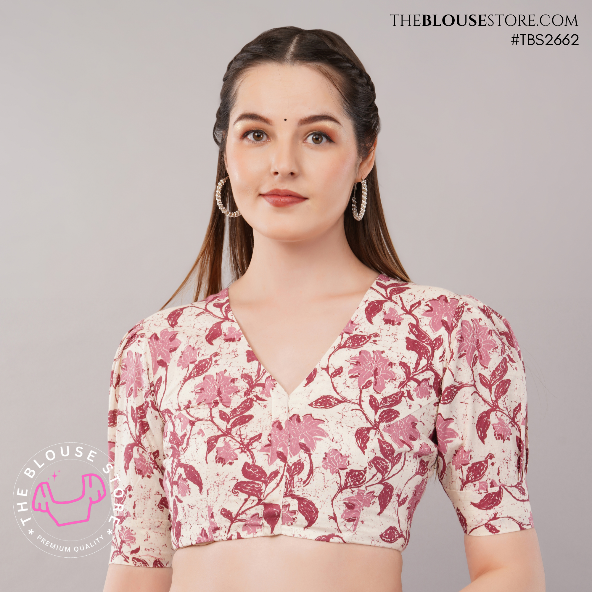 Printed Cotton V-Neck Blouse with Puff Sleeves | Exclusive Designer Saree Blouse| TBS2662