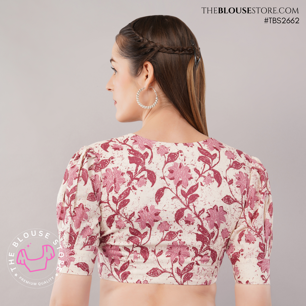 Printed Cotton V-Neck Blouse with Puff Sleeves | Exclusive Designer Saree Blouse| TBS2662