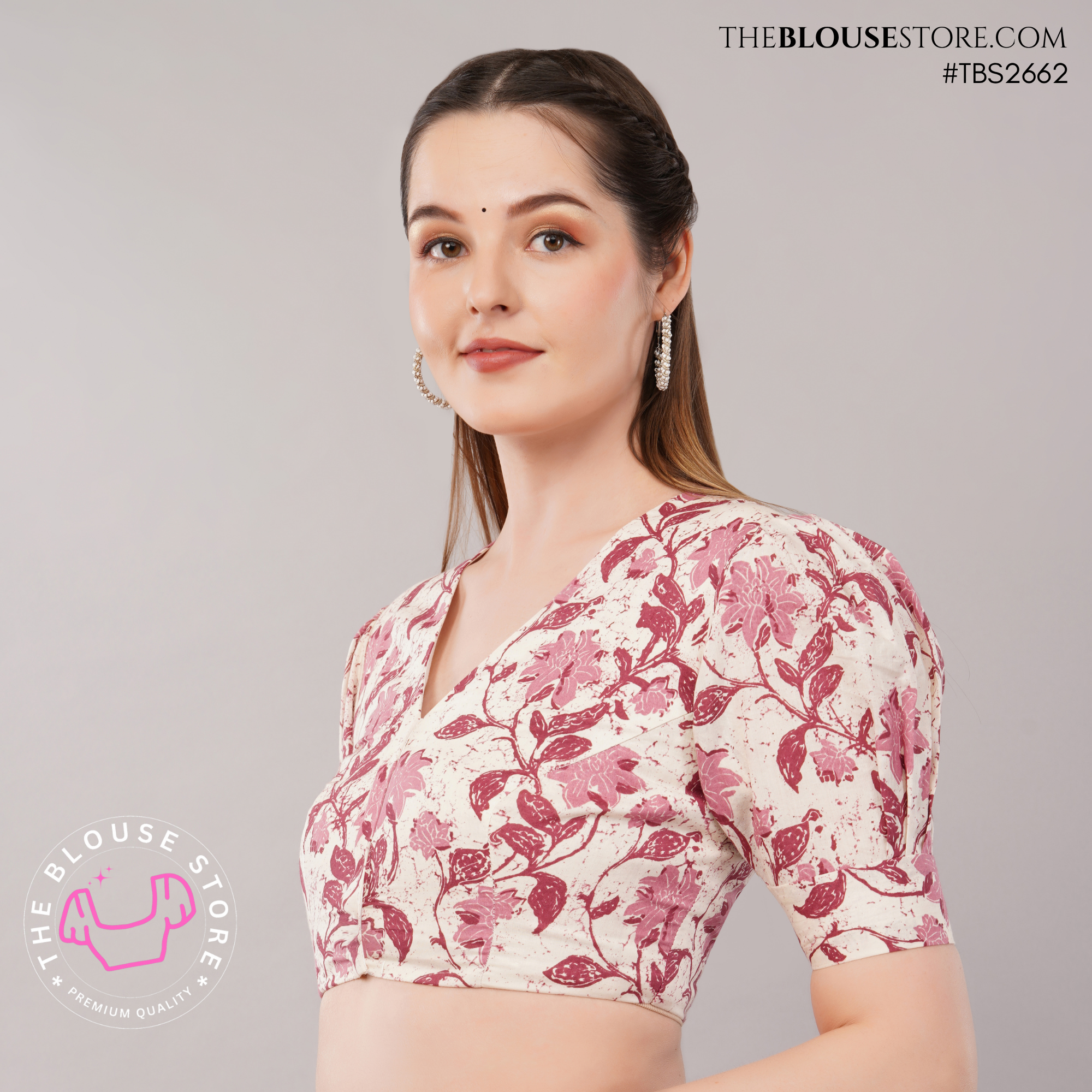 Printed Cotton V-Neck Blouse with Puff Sleeves | Exclusive Designer Saree Blouse| TBS2662