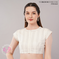 Ivory Printed Cotton Blouse with Pinstripe Detail | Round Neck Short Sleeve Saree Blouse | TBS2664