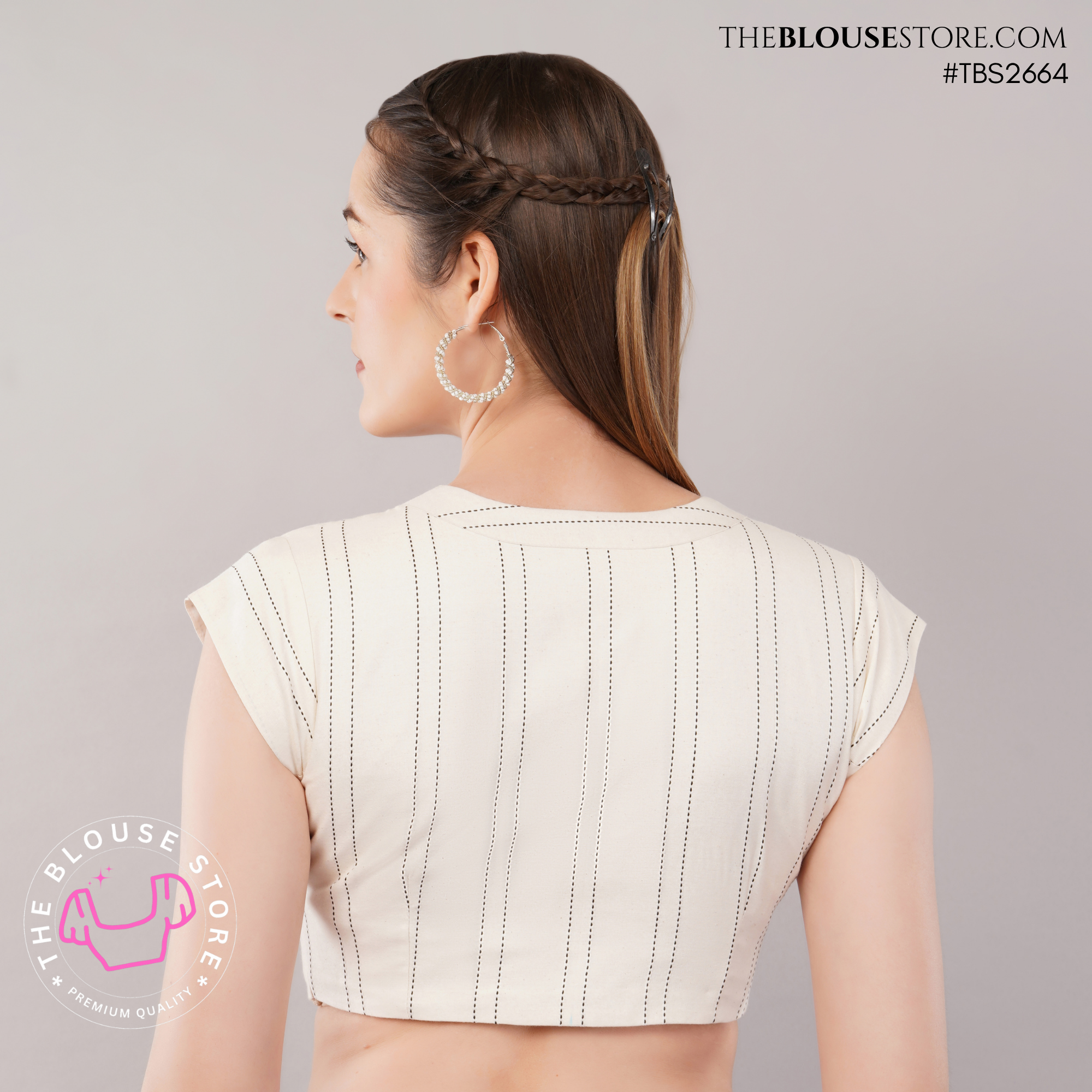 Ivory Printed Cotton Blouse with Pinstripe Detail | Round Neck Short Sleeve Saree Blouse | TBS2664