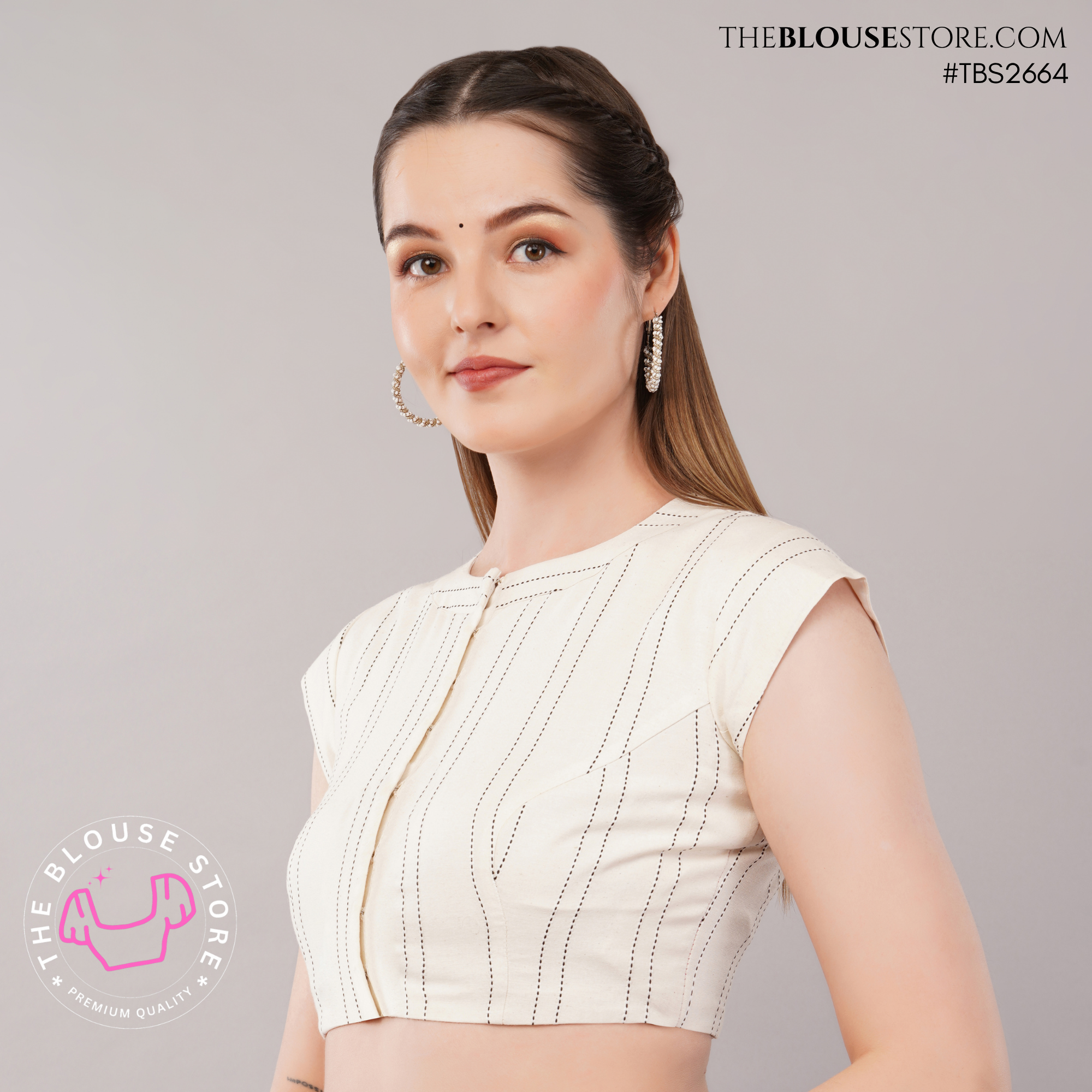 Ivory Printed Cotton Blouse with Pinstripe Detail | Round Neck Short Sleeve Saree Blouse | TBS2664