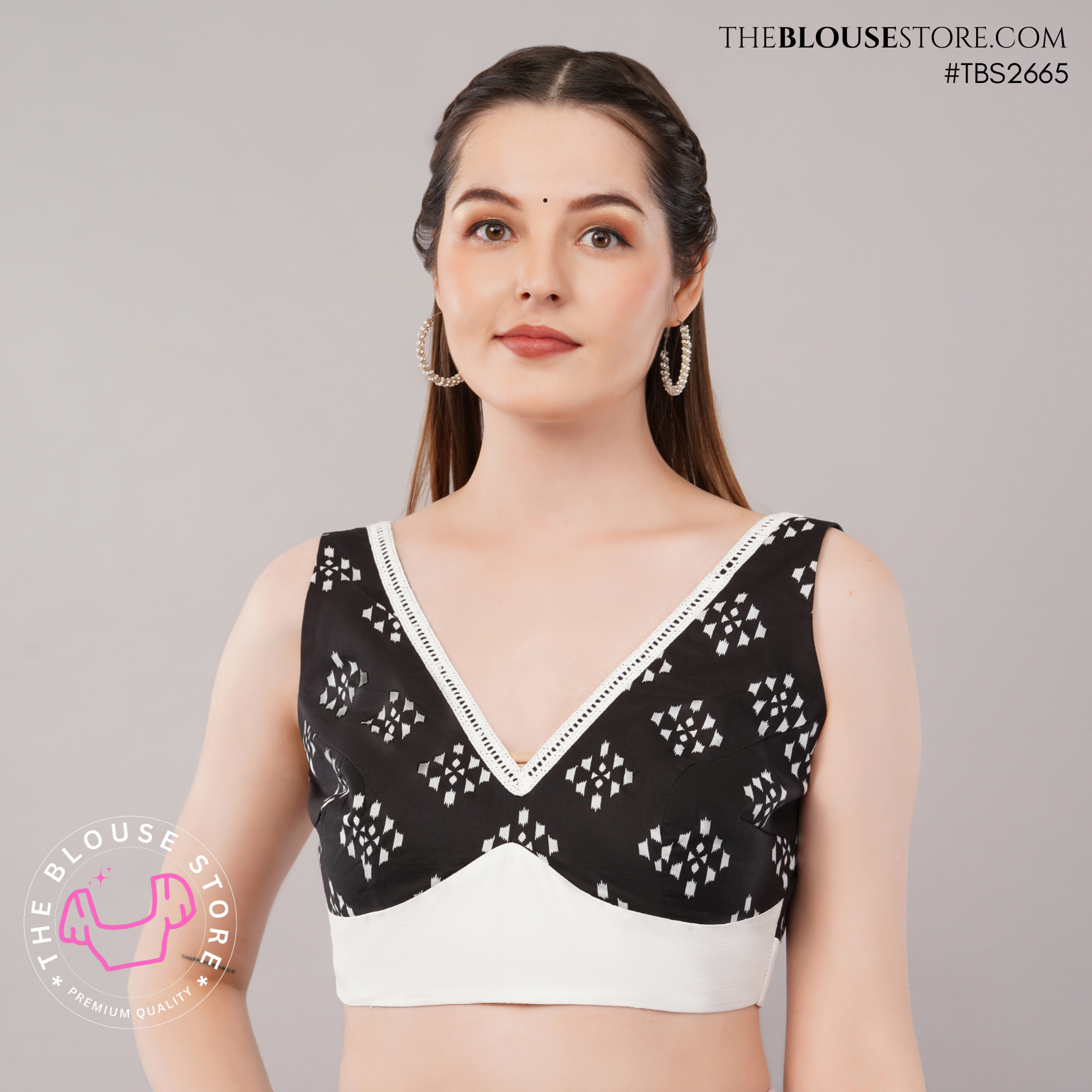 Black & White Printed Cotton V-Neck Blouse | Sleeveless Designer Saree Blouse | TBS2665