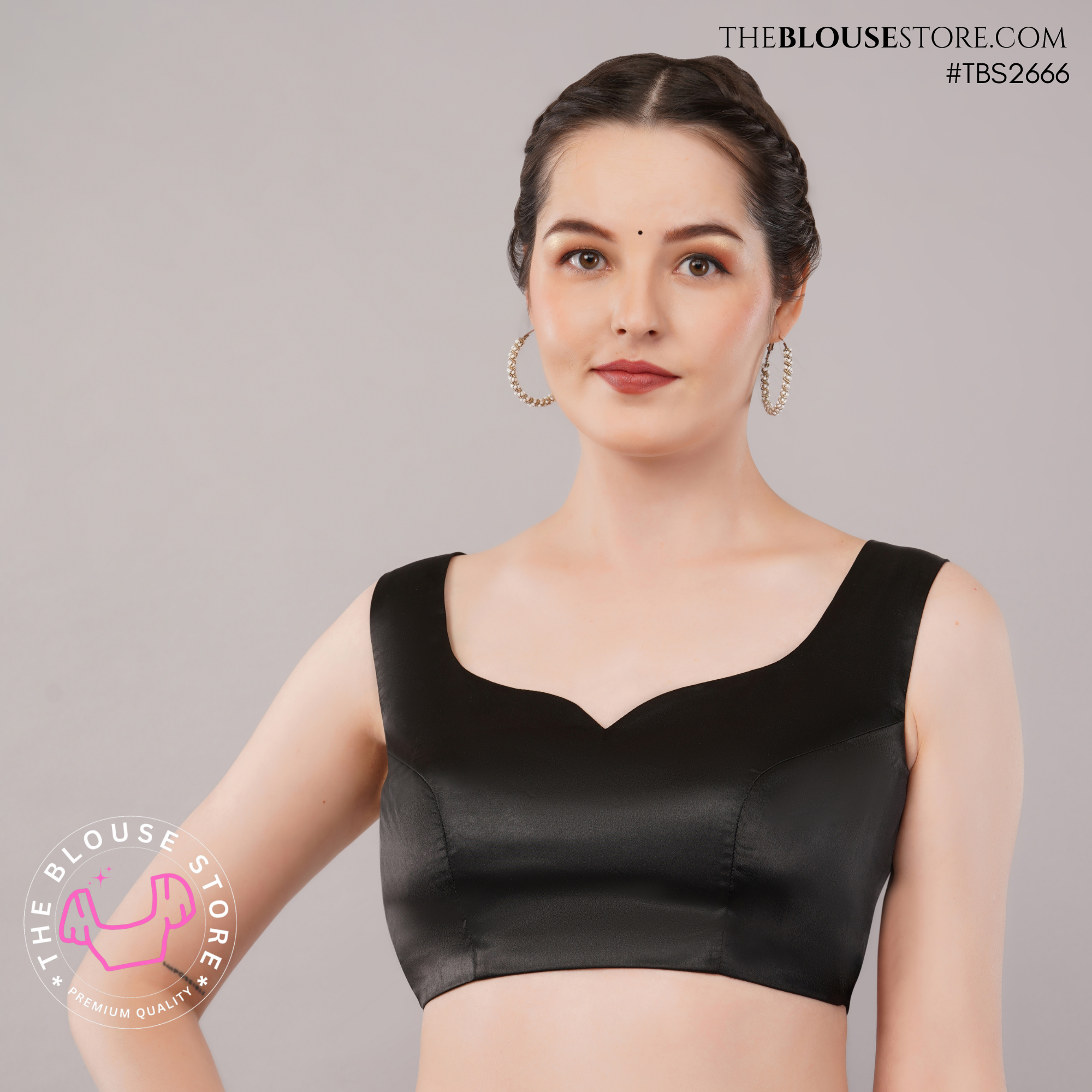 Black Satin Designer Saree Blouse | Sweetheart Neck & Statement Open-Back Blouse | TBS2666