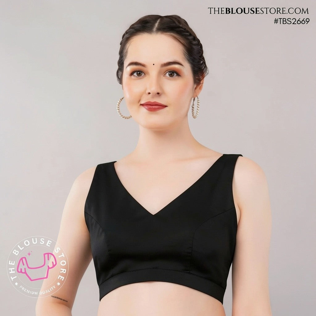Satin Padded V-Neck Blouse | Sleeveless Designer Saree Blouse | TBS2669