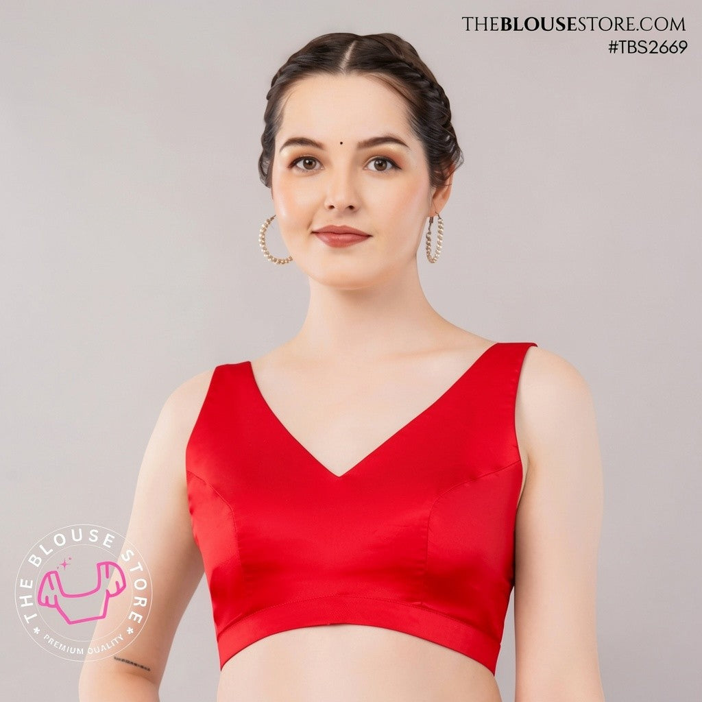Satin Padded V-Neck Blouse | Sleeveless Designer Saree Blouse | TBS2669