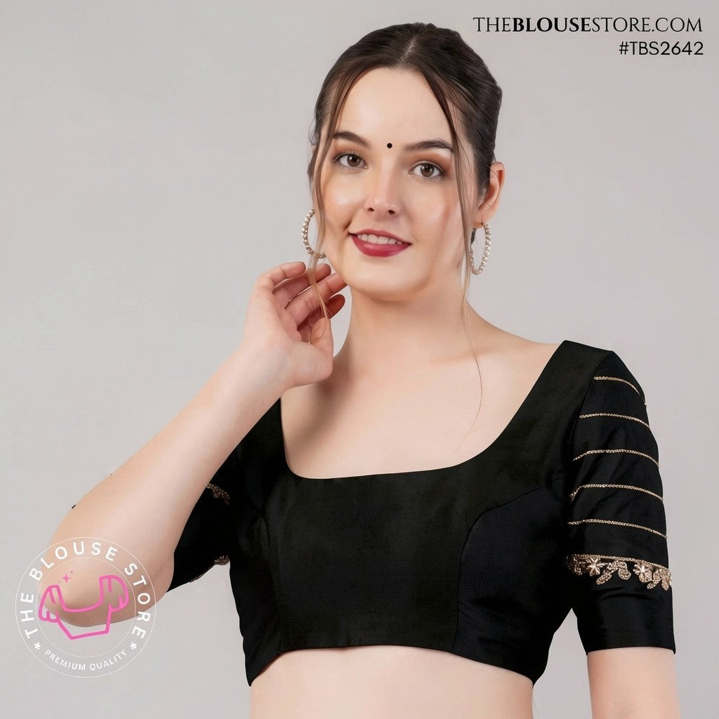 Golden Dusk Dupion Silk Blouse | Designer Saree Blouse with Embellished Sleeves & Deep Back – TBS2642