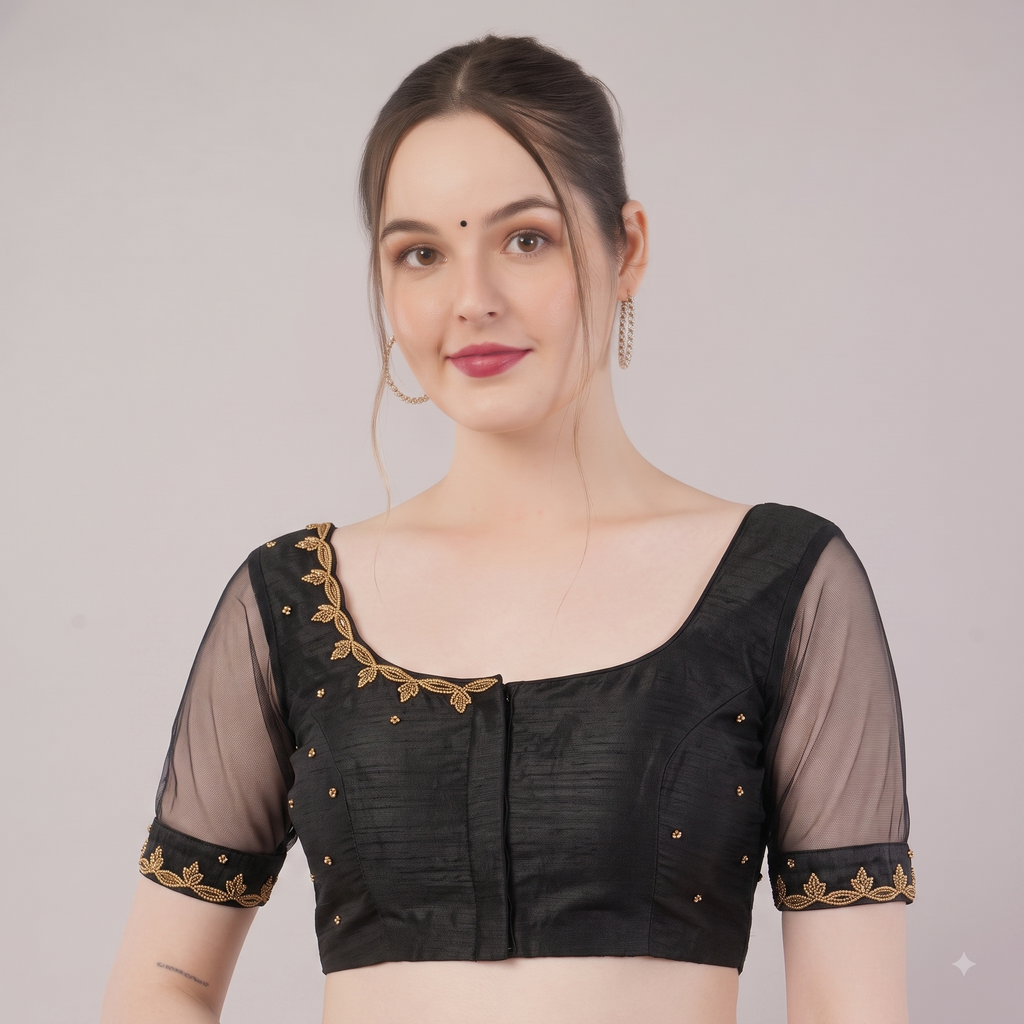 Rani Pink Dupion Silk Designer Blouse with Sheer Soft Silk Sleeves & Gold Embroidery - TBS2646