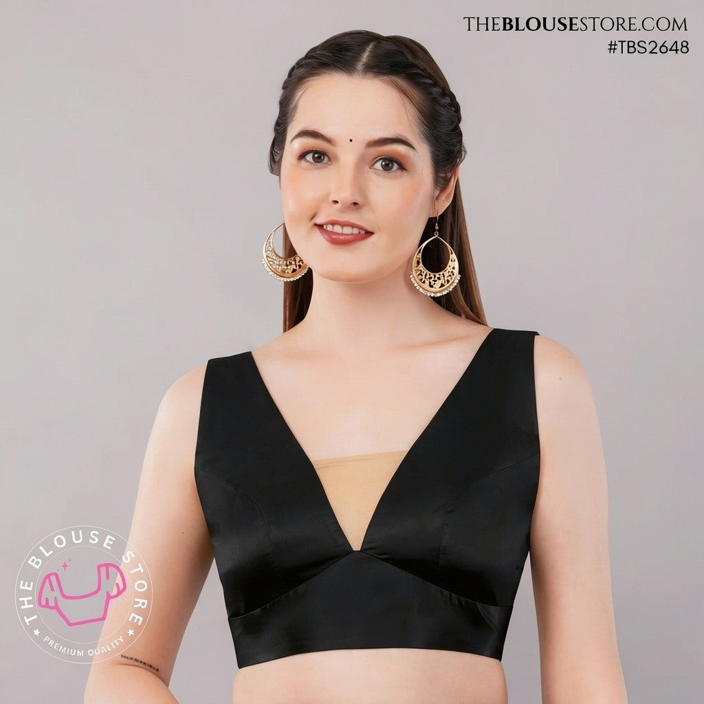 Golden Satin Statement Blouse | V-Neck Designer Saree Blouse with Open Back – TBS2648