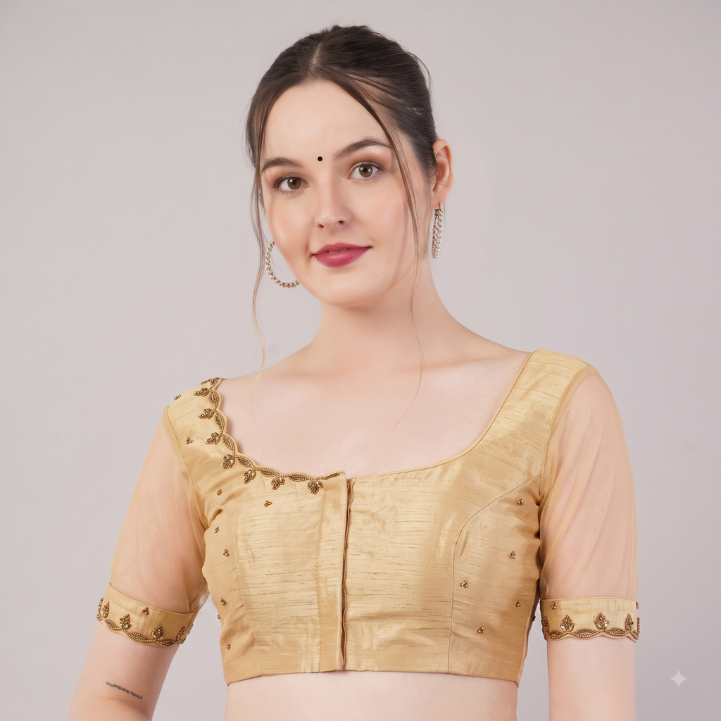 Rani Pink Dupion Silk Designer Blouse with Sheer Soft Silk Sleeves & Gold Embroidery - TBS2646