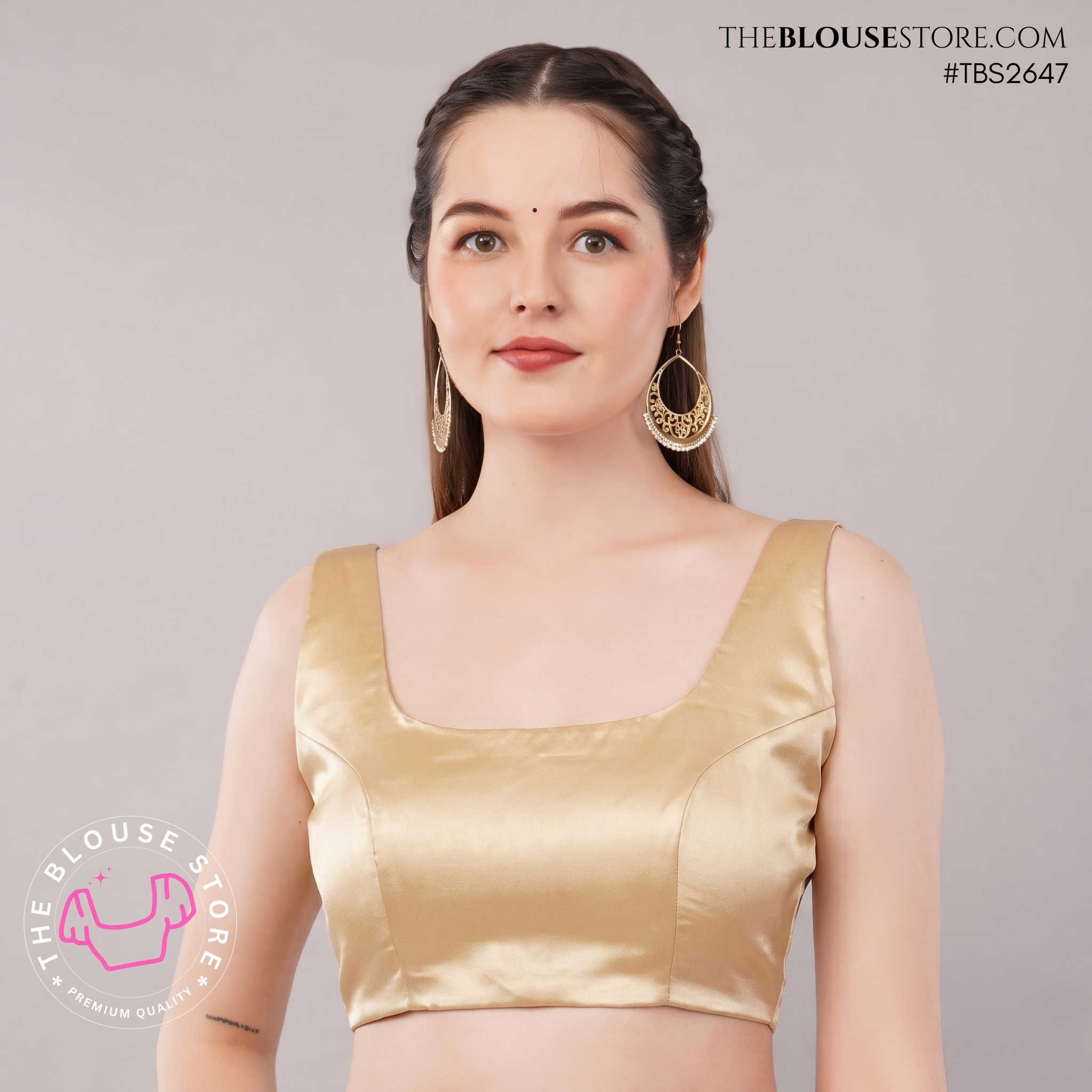 Ivory Satin Classic Blouse | Square Neck Designer Saree Blouse with Deep Back – TBS2647