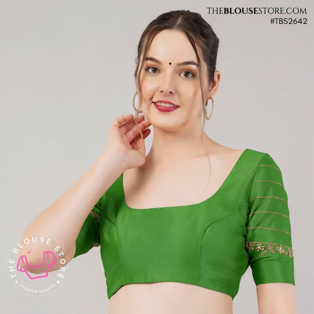 Golden Dusk Dupion Silk Blouse | Designer Saree Blouse with Embellished Sleeves & Deep Back – TBS2642