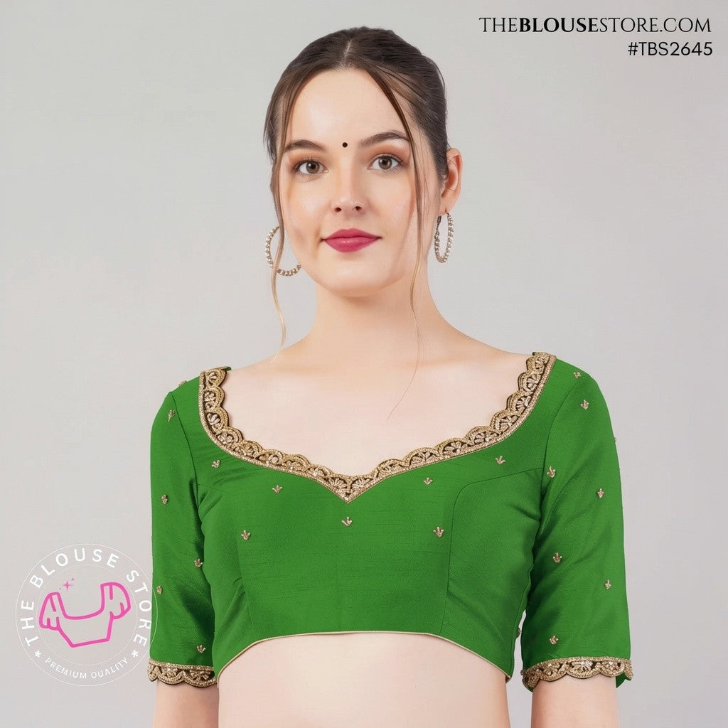 Black Dupion Silk Designer Blouse with Antique Gold Lace & Deep Back – TBS2645