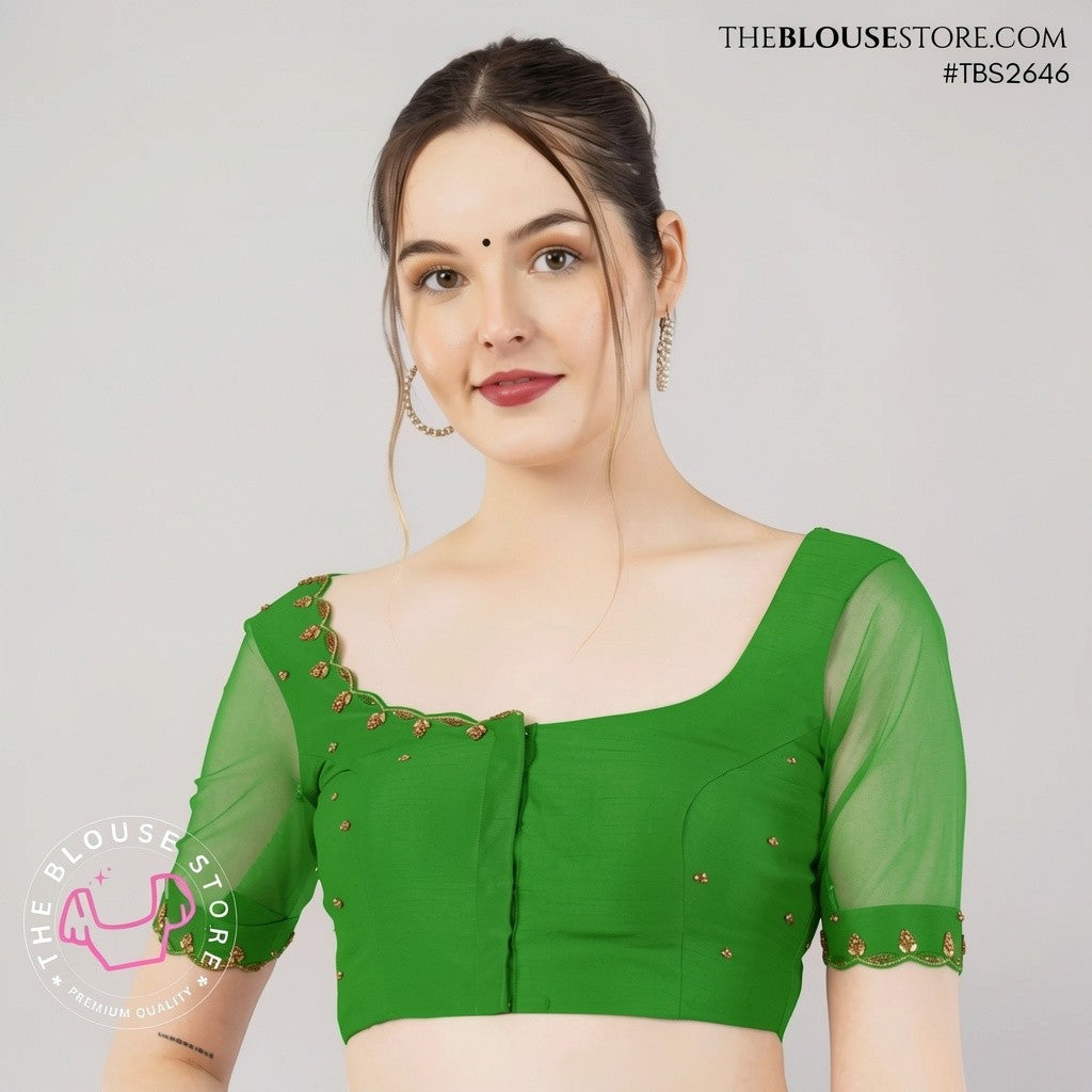 Rani Pink Dupion Silk Designer Blouse with Sheer Soft Silk Sleeves & Gold Embroidery - TBS2646