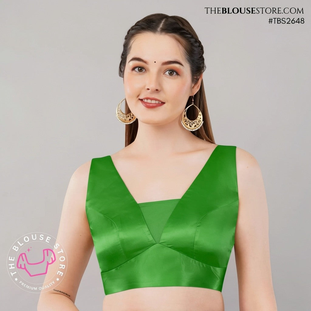 Golden Satin Statement Blouse | V-Neck Designer Saree Blouse with Open Back – TBS2648