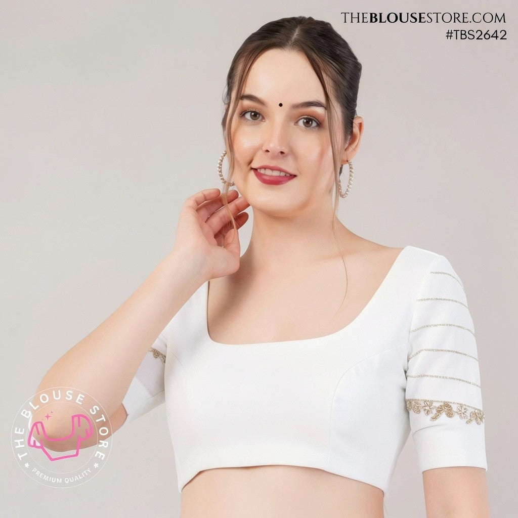 Golden Dusk Dupion Silk Blouse | Designer Saree Blouse with Embellished Sleeves & Deep Back – TBS2642