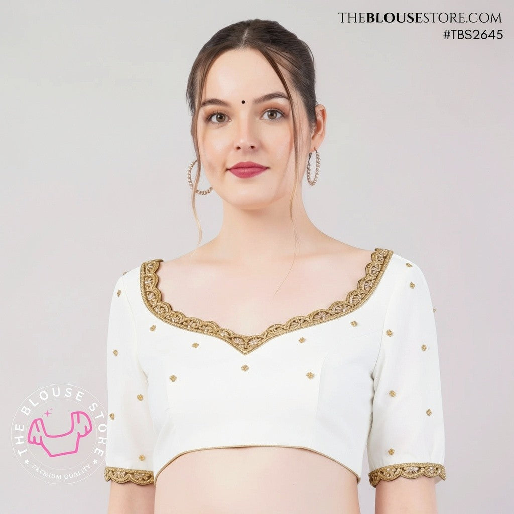 Black Dupion Silk Designer Blouse with Antique Gold Lace & Deep Back – TBS2645